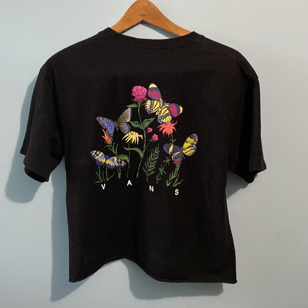VANS SHORT SLEEVE CROP TOP BLACK BUTTERFLY FLORAL SIZE M